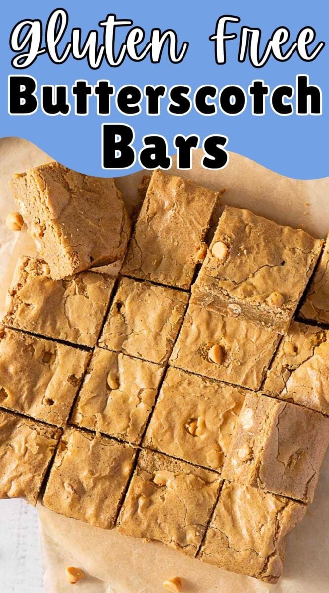 A batch of sliced gluten free butterscotch bars on parchment paper, with text "Gluten Free Butterscotch Bars" above.