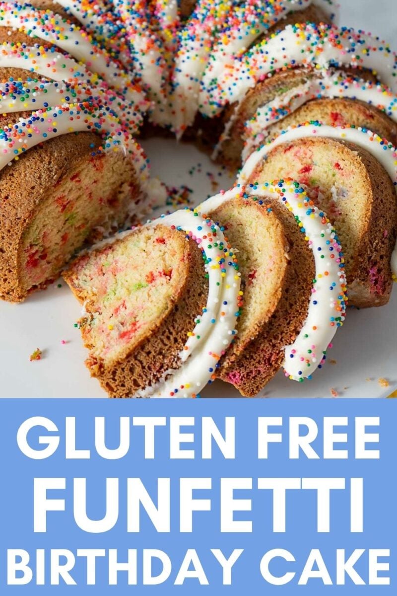 A sliced gluten free funfetti bundt cake with white icing and colorful sprinkles, displayed on a white surface. Text reads: "Gluten Free Funfetti Birthday Cake.