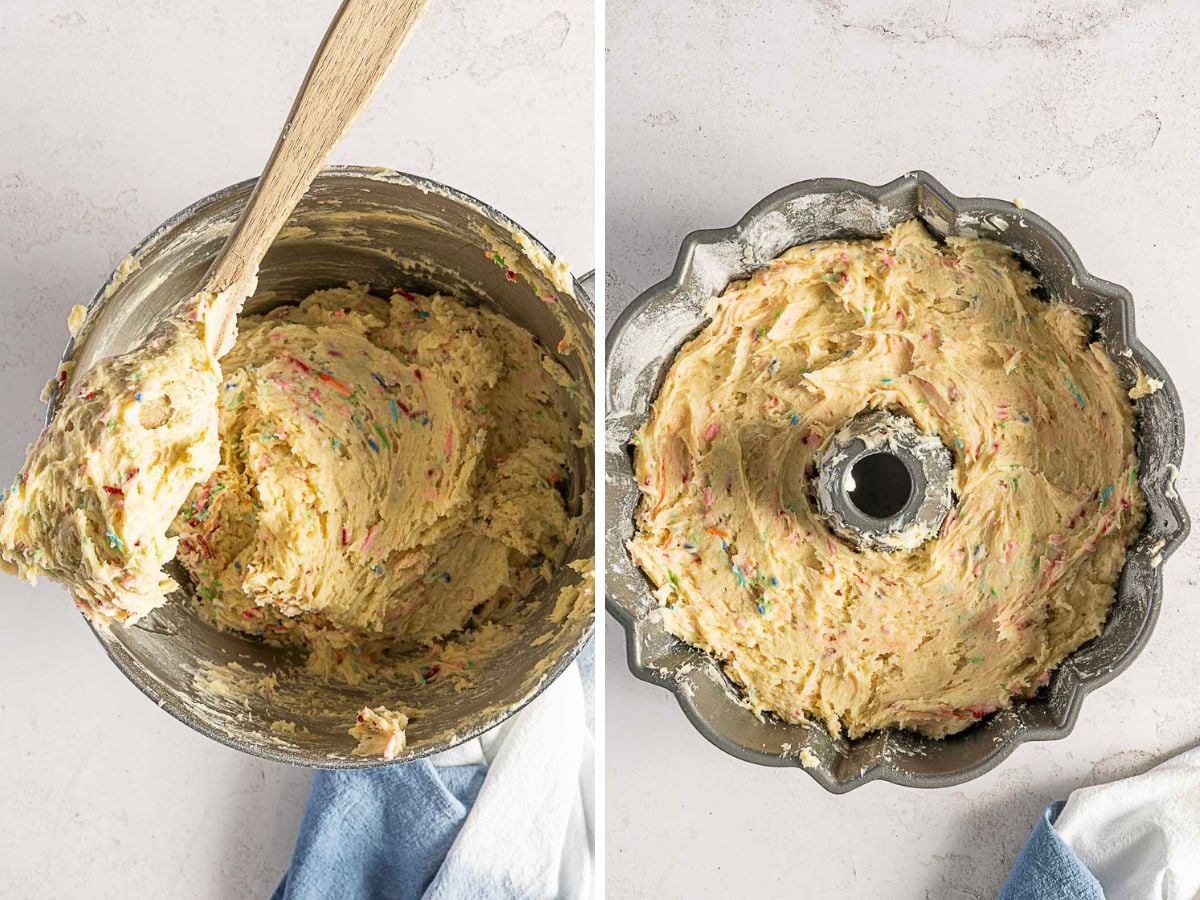 Two images: the left shows funfetti cake batter in a mixing bowl with a wooden spoon; the right shows the same batter spread in a bundt pan, ready to bake.