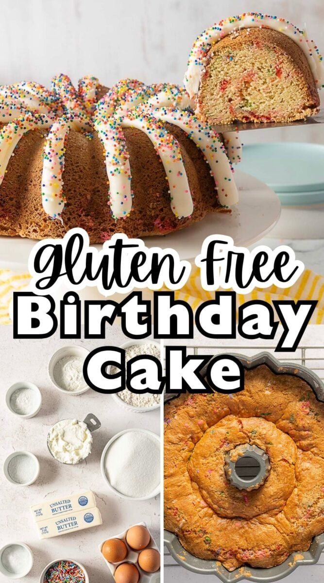 A gluten-free bundt birthday cake with white icing and colorful sprinkles; ingredients and a baked cake are also shown. Text reads "gluten free Birthday Cake.