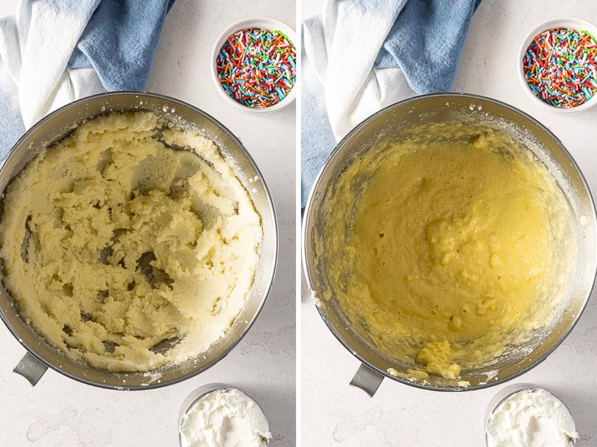 Side-by-side images show a mixing bowl with cake batter at two stages: dry, thick batter on the left, and smoother, wetter batter on the right; sprinkles and frosting are nearby.