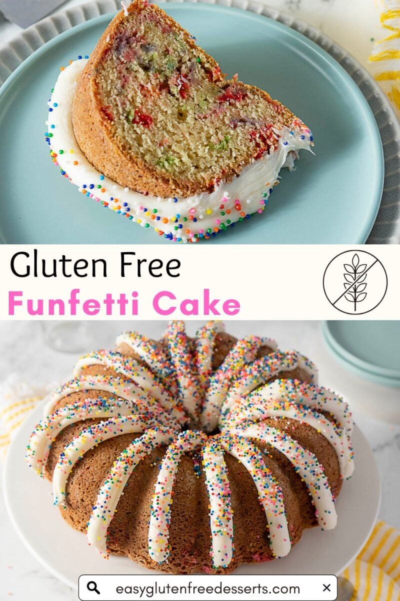 A sliced gluten-free funfetti bundt cake with white icing and colorful sprinkles, shown both whole and served on a blue plate.
