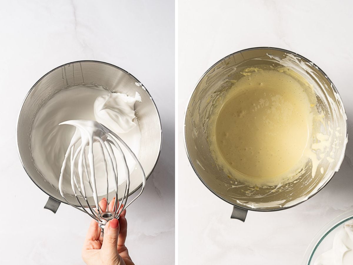 Side-by-side images of mixing bowls: the left shows stiffly whipped egg whites on a whisk, and the right shows a pale yellow batter mixture.