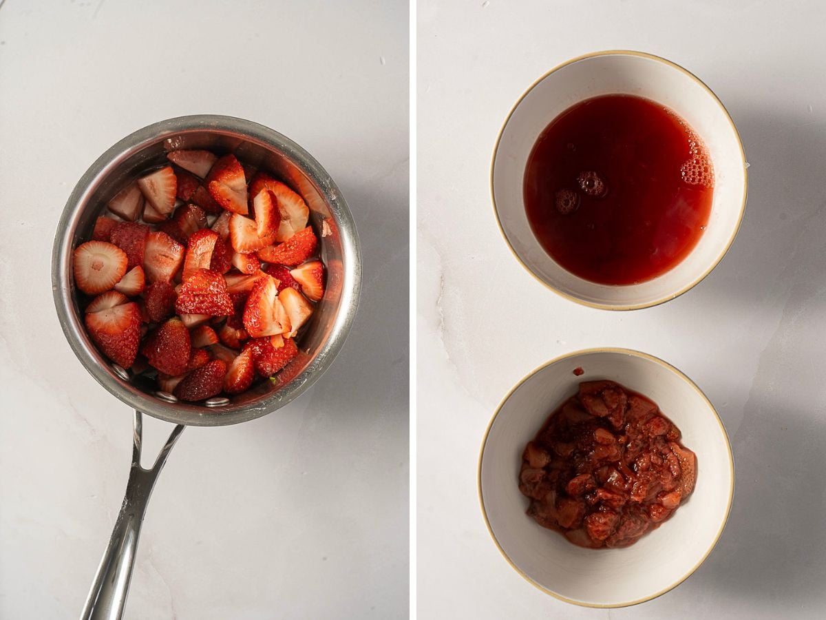 Split image: Left shows a saucepan with chopped strawberries. Right shows two bowls, one with strawberry juice and the other with cooked strawberries.