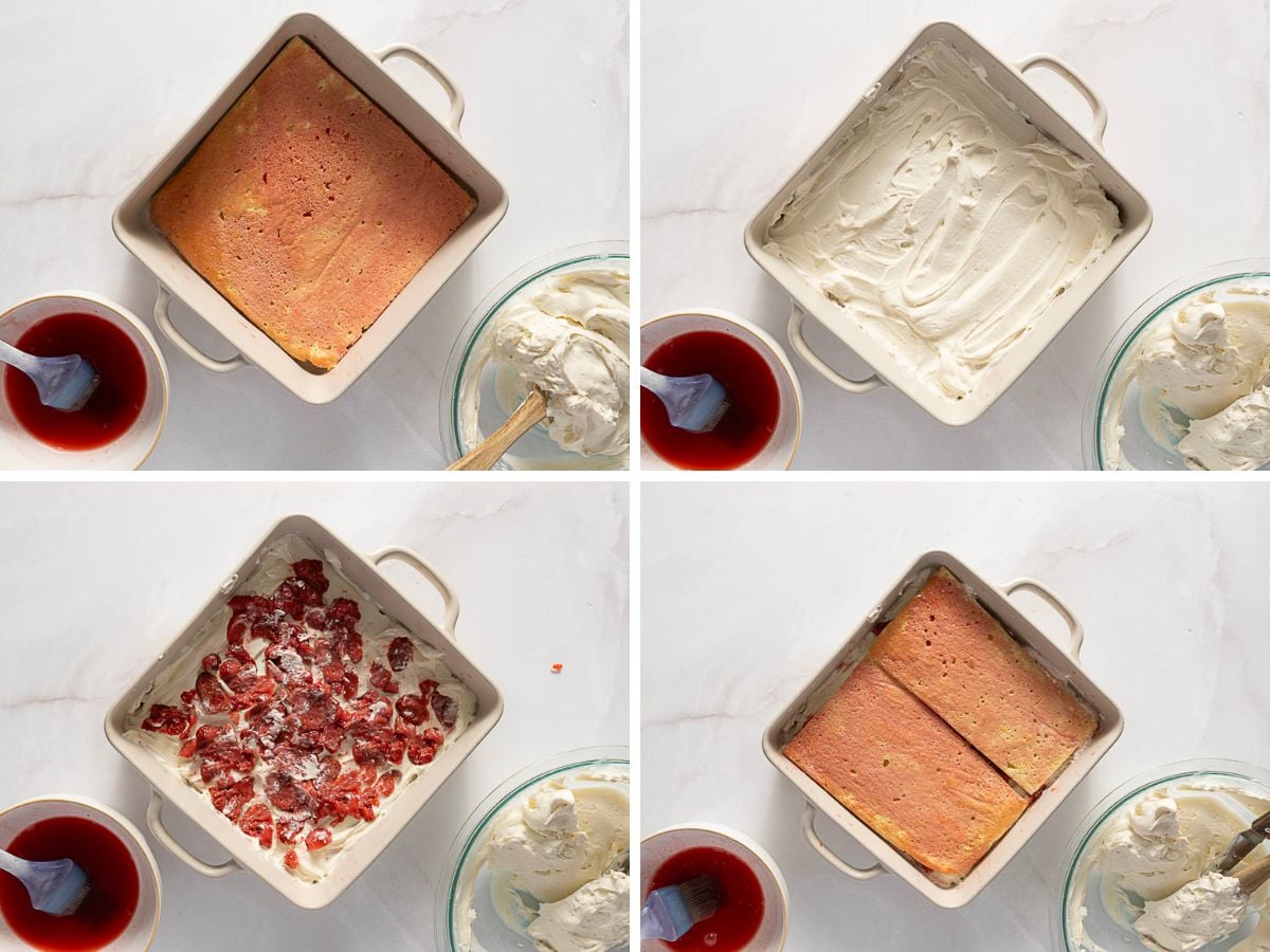 Four-panel image shows steps of assembling a layered dessert in a square baking dish: plain cake, whipped cream spread, chopped strawberries, and another cake layer added.