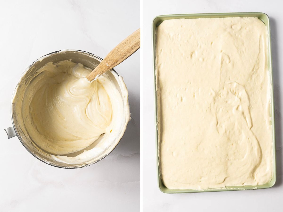 A mixing bowl with cake batter and a wooden spoon on the left; on the right, cake batter spread evenly in a rectangular baking pan.