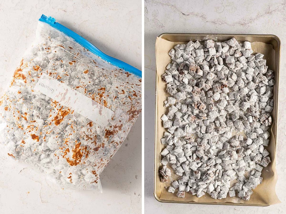 A resealable plastic bag with powdered snack mix on the left; on the right, the coated snack pieces are spread out on a parchment-lined baking sheet.