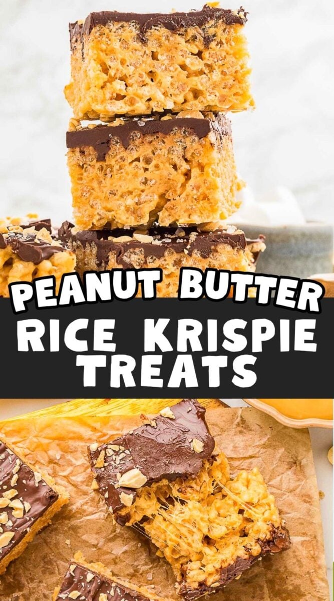 Stacked peanut butter rice krispie treats with a chocolate topping, shown both cut in squares and with one piece partially pulled apart. Text overlay reads "Peanut Butter Rice Krispie Treats.
