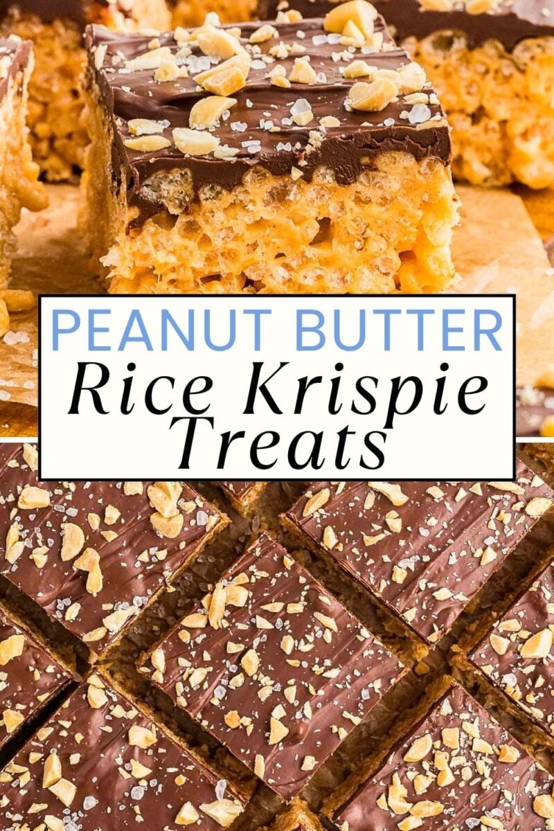 Chocolate-topped peanut butter rice krispie treats, cut into squares and sprinkled with chopped peanuts and sea salt.