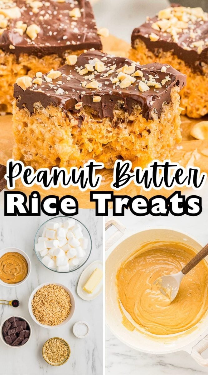 A chocolate-topped peanut butter rice treat is shown sliced, with peanuts on top. Below are images of the ingredients and a bowl of mixed peanut butter and melted butter.