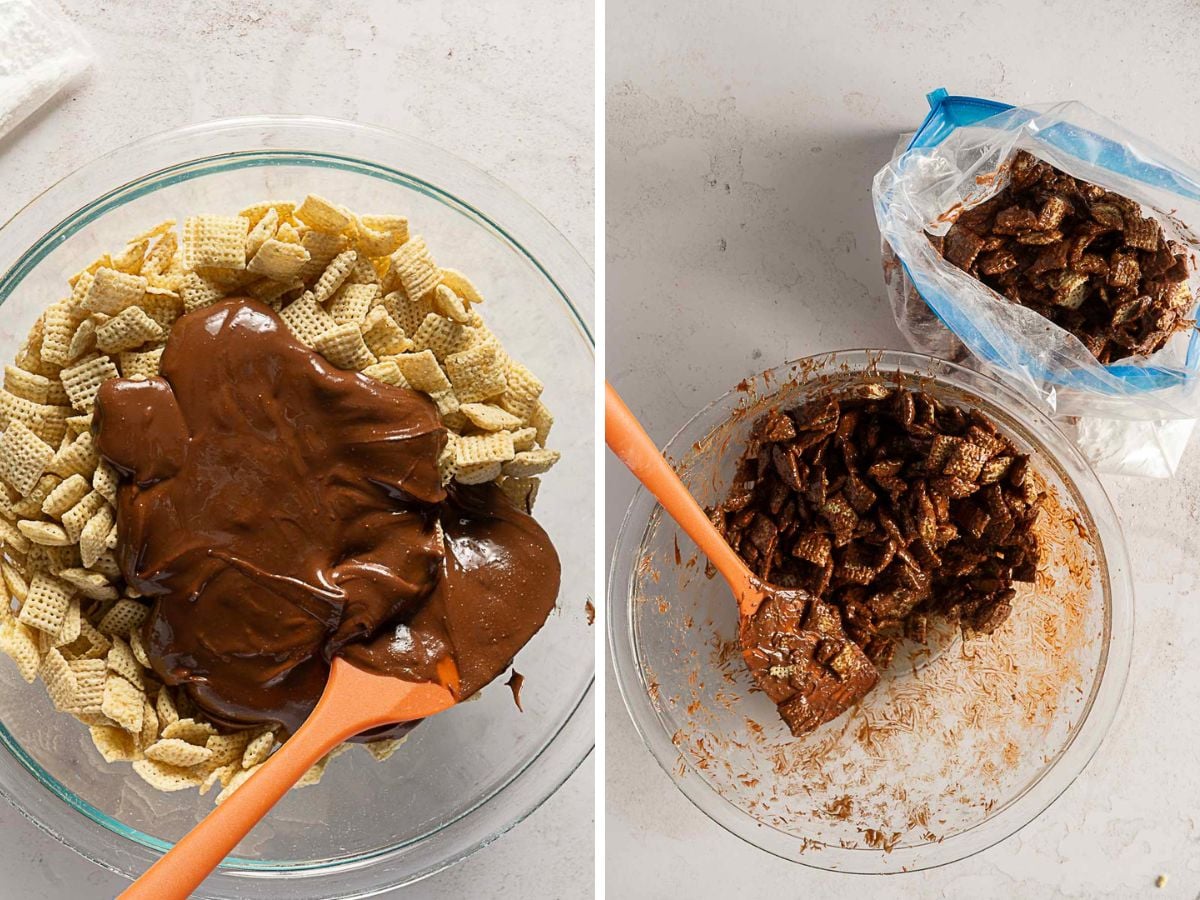 Two side-by-side images show Chex cereal in a bowl with chocolate being mixed in, and the coated cereal being combined with powdered sugar in a plastic bag.