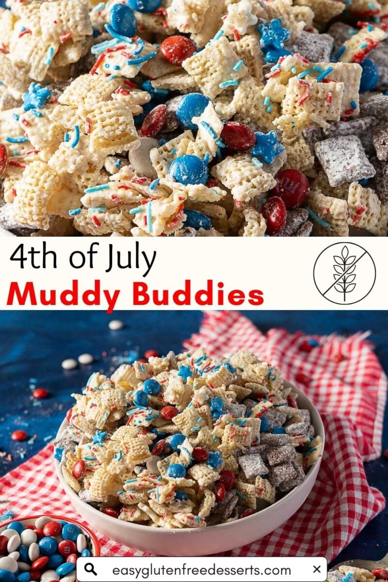 A bowl of Chex mix Muddy Buddies with red, white, and blue candies and sprinkles, placed on a red gingham cloth; labeled as 4th of July Muddy Buddies.