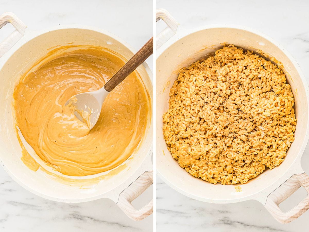 Side-by-side images of a white pot: one with a creamy, light brown mixture being stirred, the other with rice cereal mixed in, forming a sticky, textured blend.