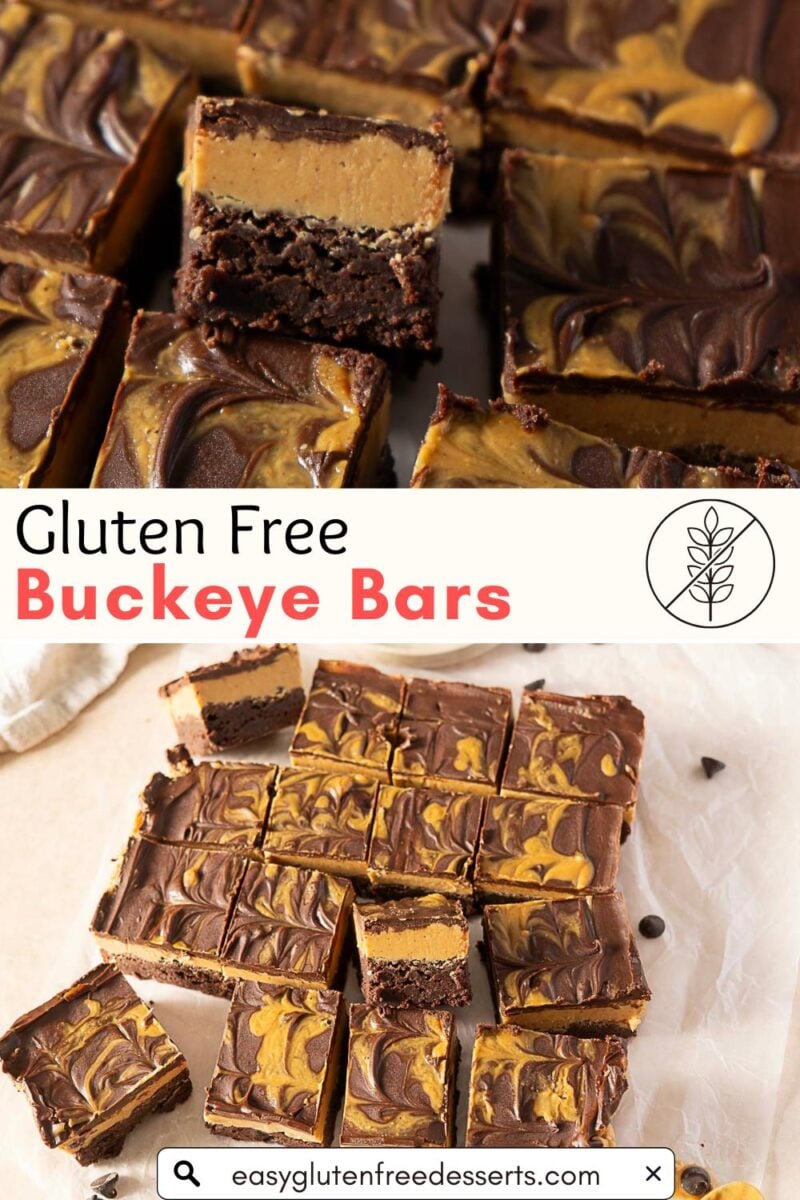 Brownie bars with a peanut butter layer and chocolate swirl topping, cut into squares and arranged on parchment paper.