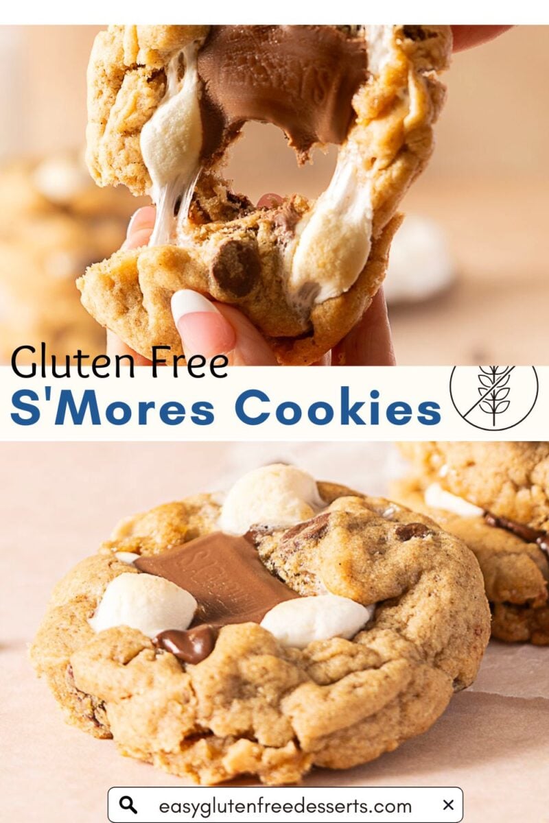 A hand pulls apart a gooey Gluten Free S’Mores Cookie; below, two unbroken Gluten Free Cookies with marshmallows and chocolate rest on parchment paper.