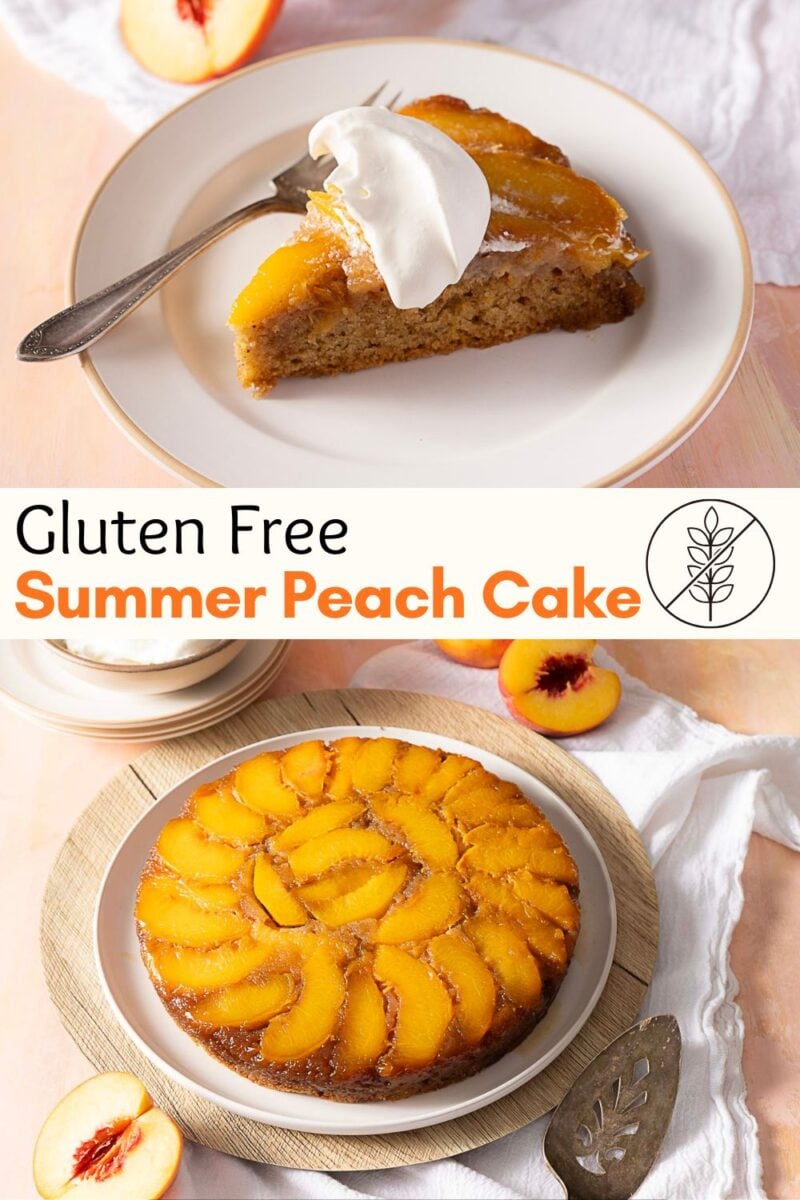 A slice of peach cake with whipped cream on a plate, and a whole peach upside down cake on a wooden board