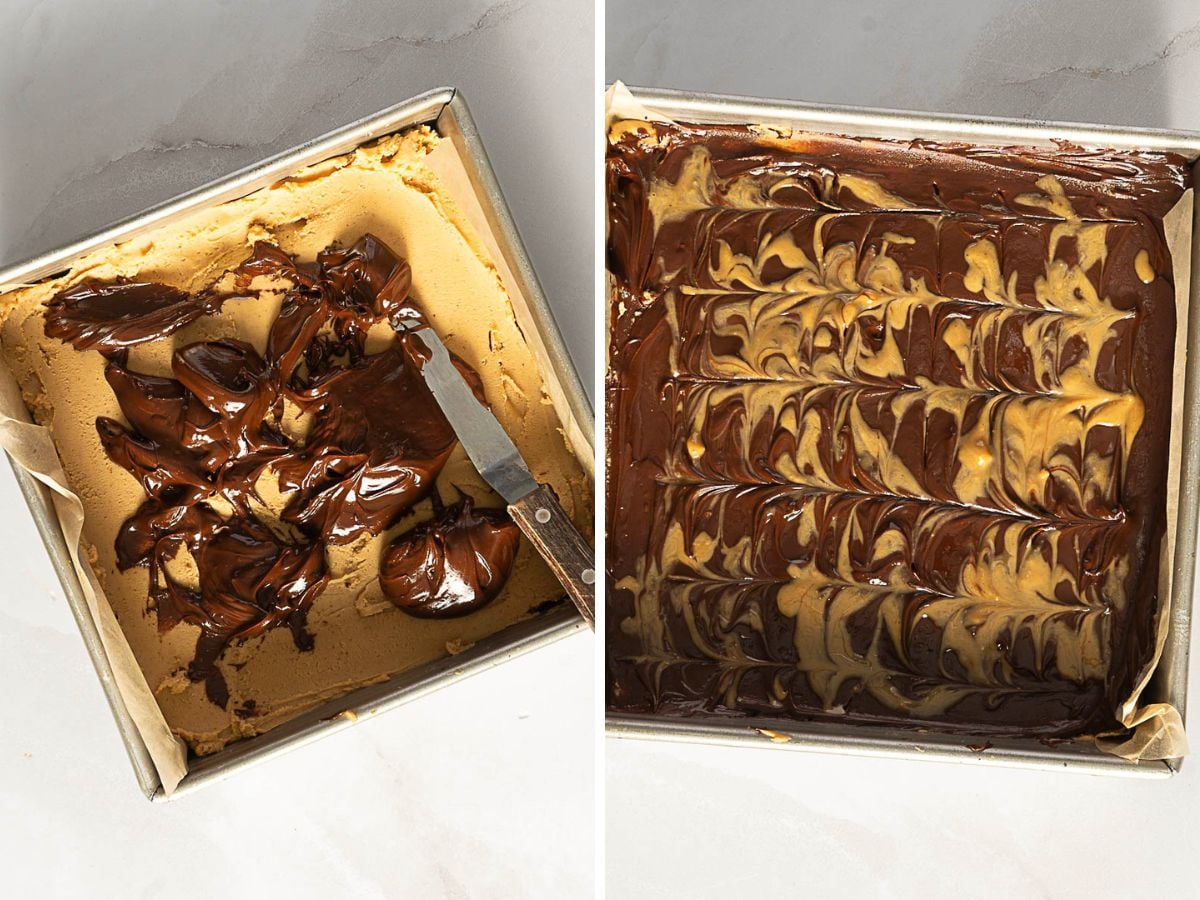 Two photos show a baking pan with dessert bars. The left image has chocolate being spread on top; the right shows a marbled chocolate and peanut butter topping.