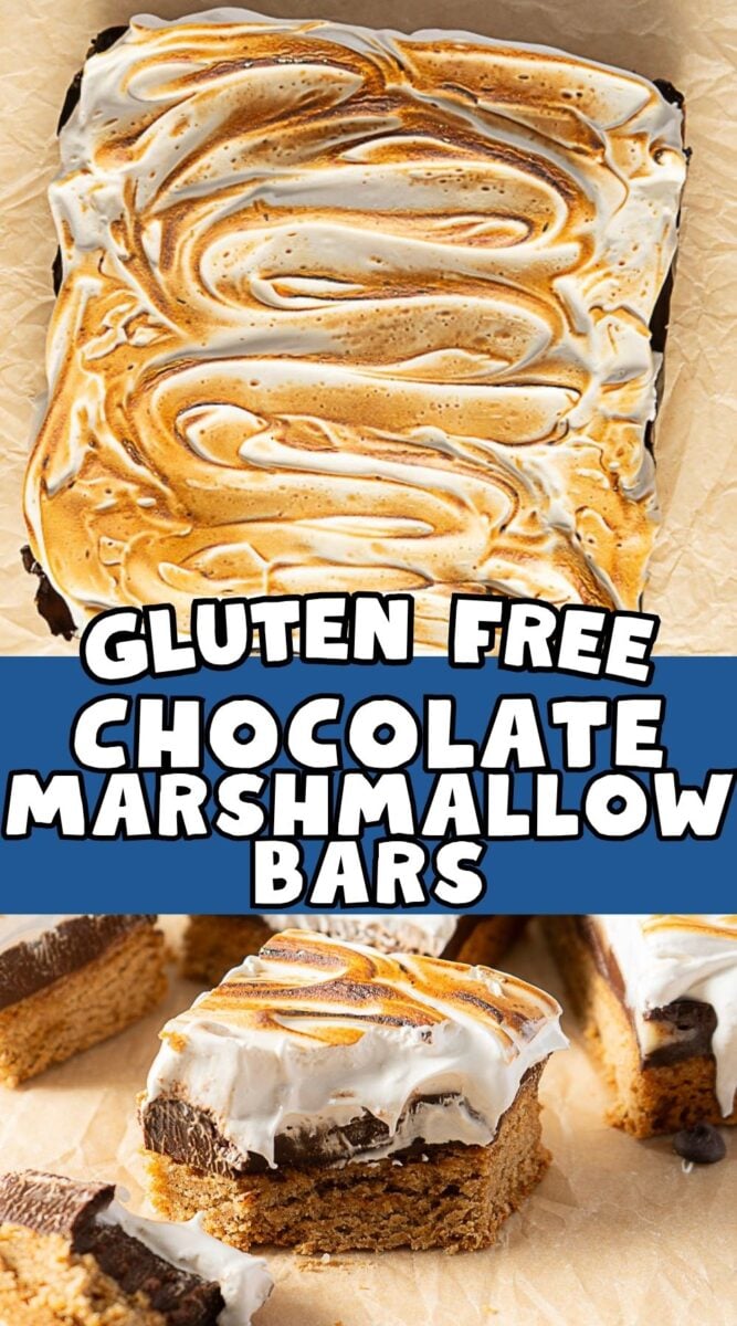 A tray of gluten free S'Mores Bars topped with toasted marshmallow, with two sliced bars displayed in the foreground.