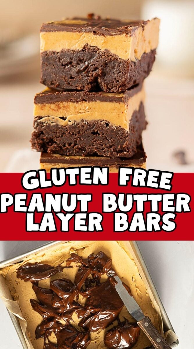 Two thick brownies topped with a creamy peanut butter layer are stacked. Below, a baking pan holds brownies being spread with chocolate.
