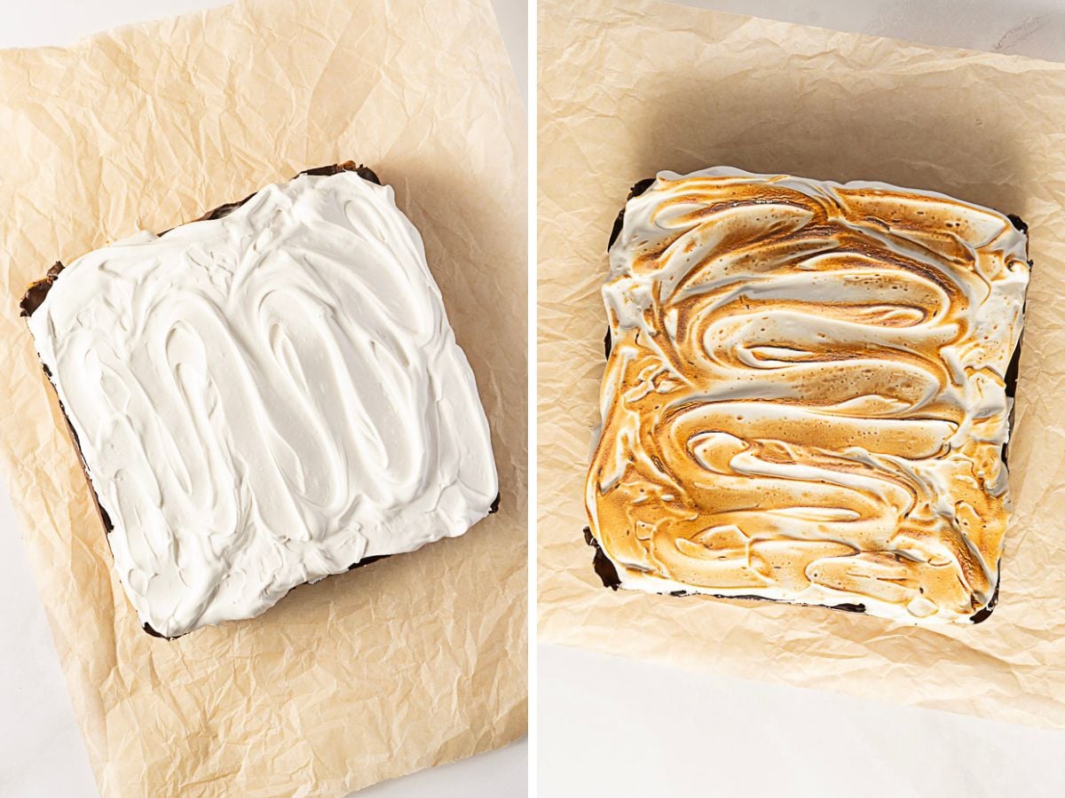 Two images of a square dessert on parchment paper: the left shows white meringue topping, the right shows the same meringue toasted golden brown.