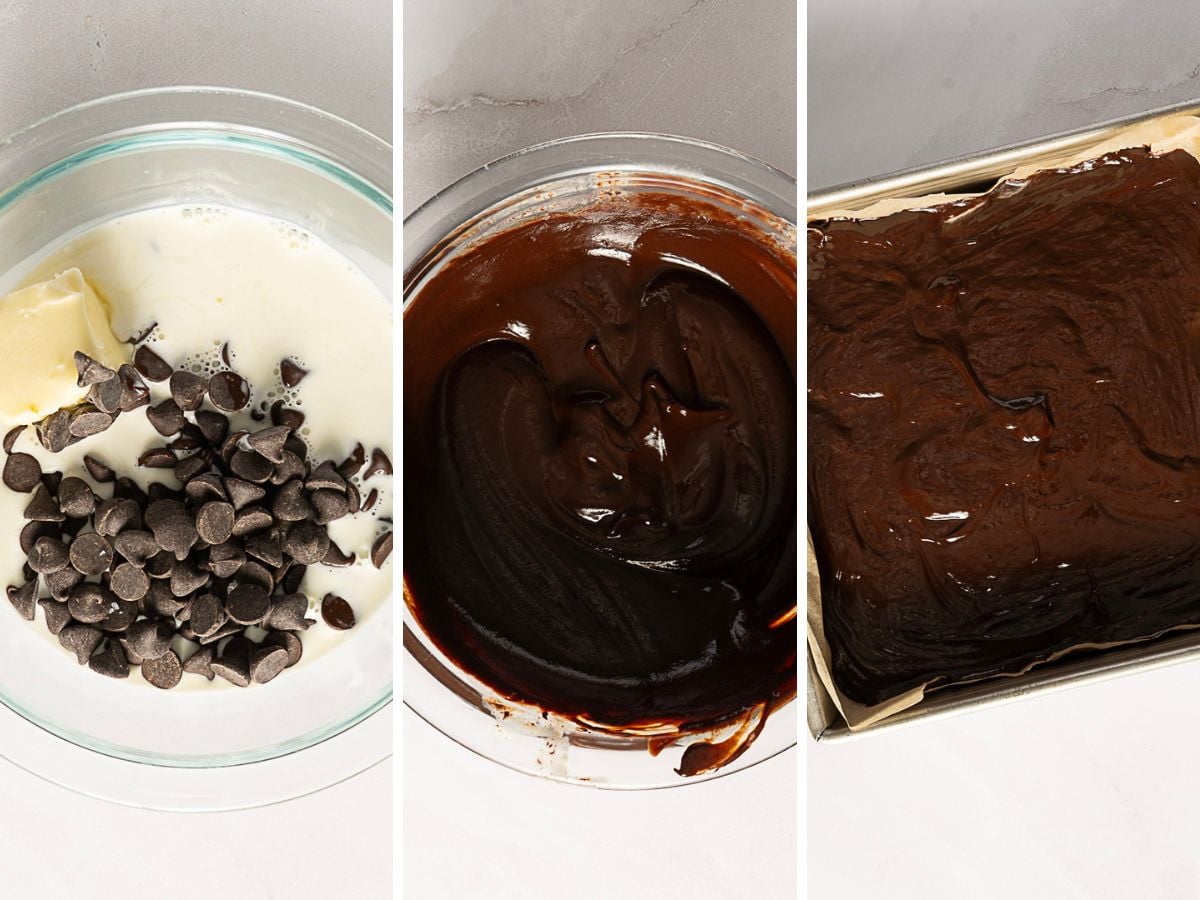 Three panels show: chocolate chips, butter, and cream in a bowl; melted chocolate mixture; and the mixture spread evenly in a parchment-lined baking pan.