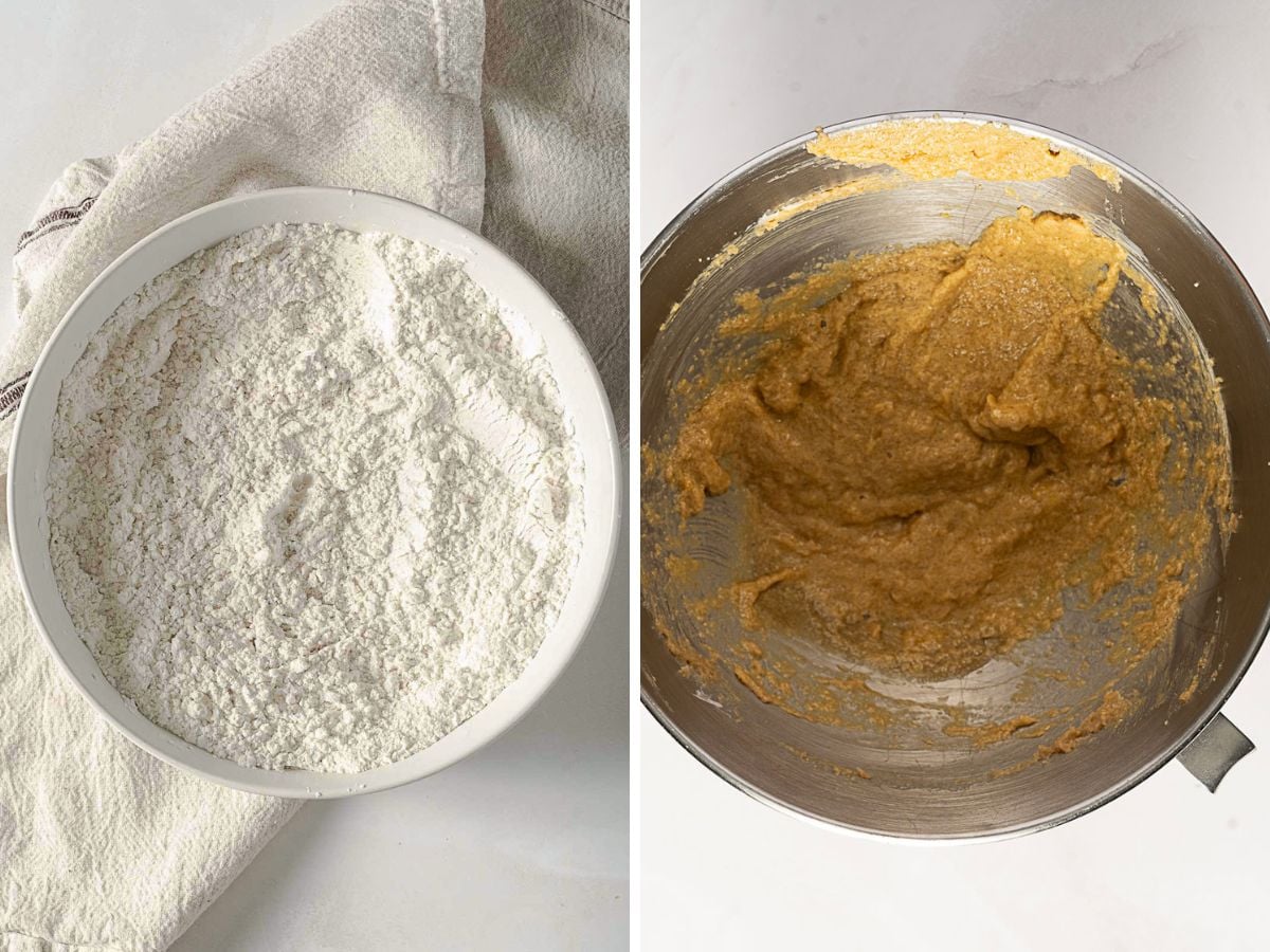 Side-by-side image of a bowl with flour mixture on the left and a metal bowl with brown batter on the right, both on a light surface.