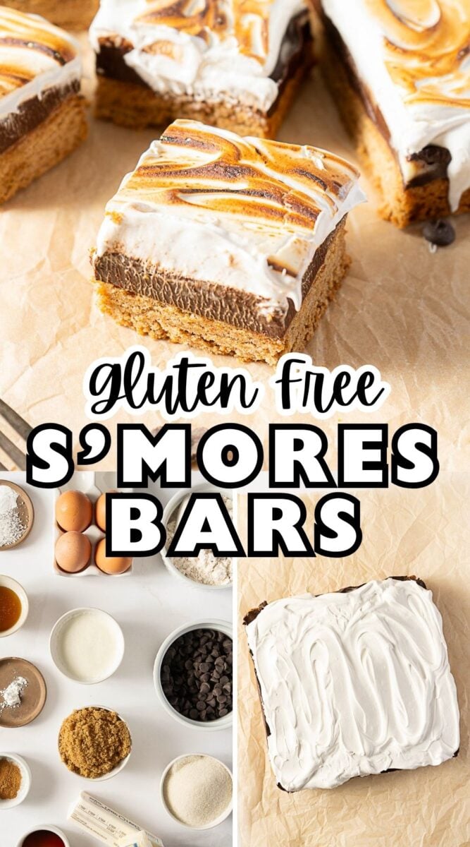 Gluten Free S'Mores Bars are shown whole and sliced, with a top layer of toasted marshmallow. These irresistible Gluten Free S'mores treats feature ingredients like eggs, flour, chocolate chips, and sugar displayed in bowls.