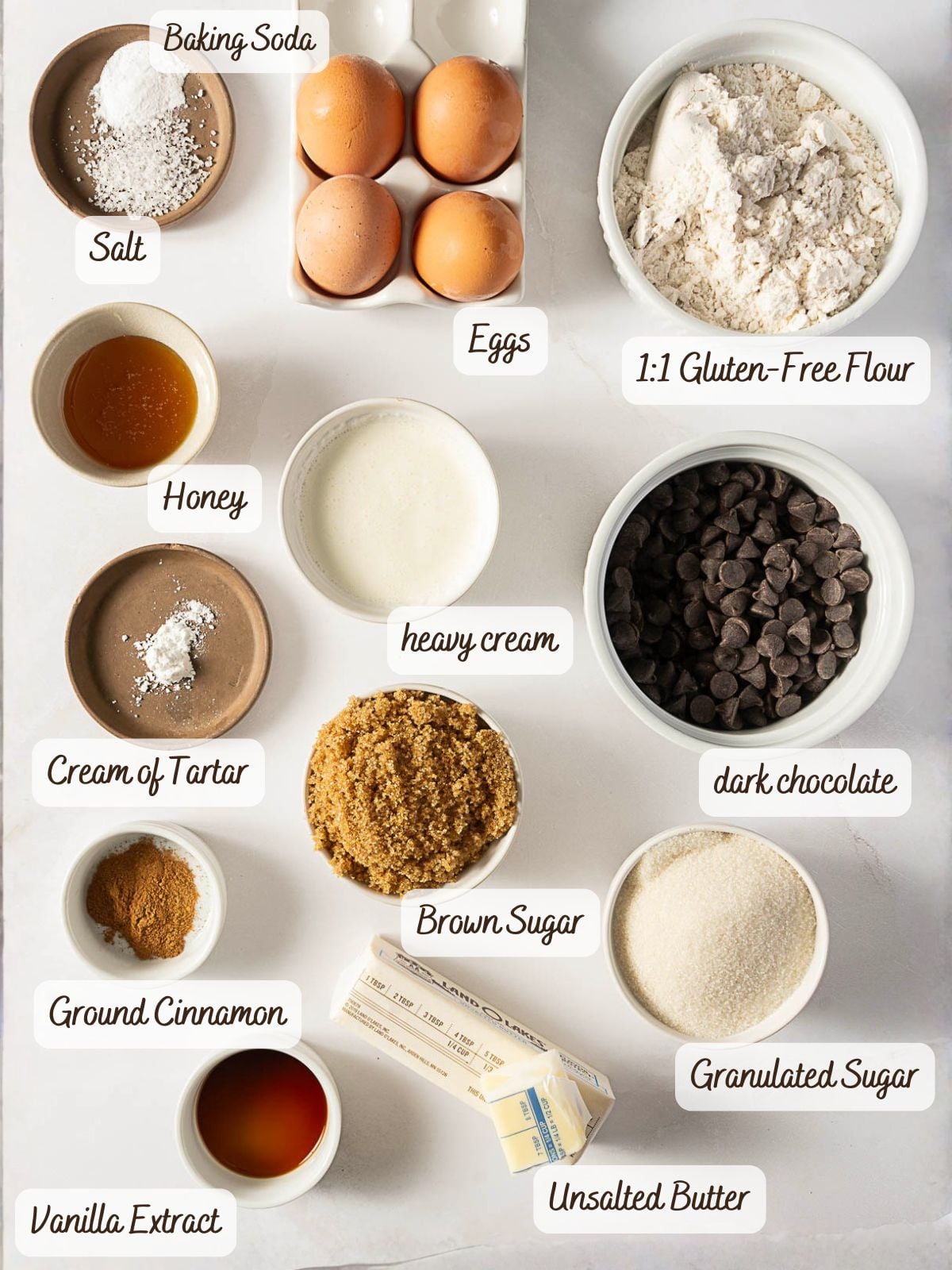 Various labeled baking ingredients, including eggs, gluten-free flour, honey, cream, chocolate chips, brown and granulated sugars, butter, cinnamon, vanilla, salt, baking soda, and cream of tartar—perfect for creating delicious Gluten Free S'Mores Bars or other gluten free treats.