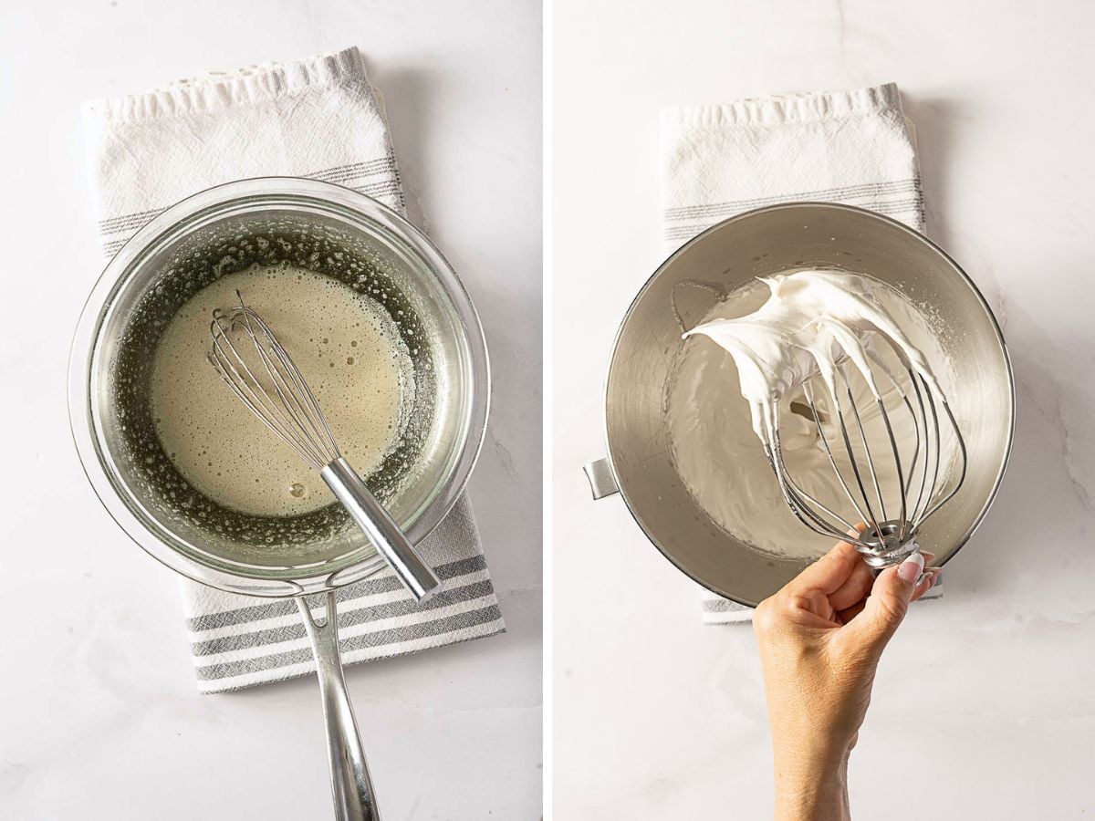 Two-panel image: left shows sugar and eggs being whisked in a bowl; right shows thick, glossy white meringue on a whisk over a mixing bowl. Both bowls sit on a striped cloth.