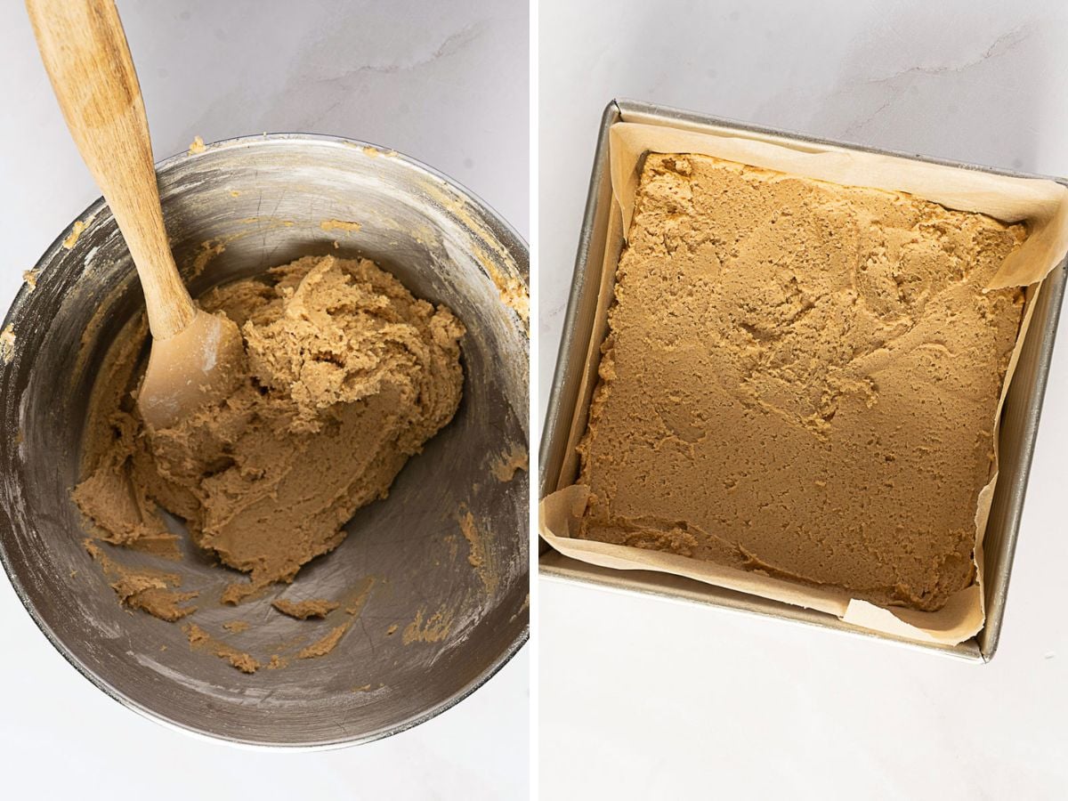 A bowl with cookie dough and a wooden spoon on the left; the dough is pressed into a parchment-lined square baking pan on the right.