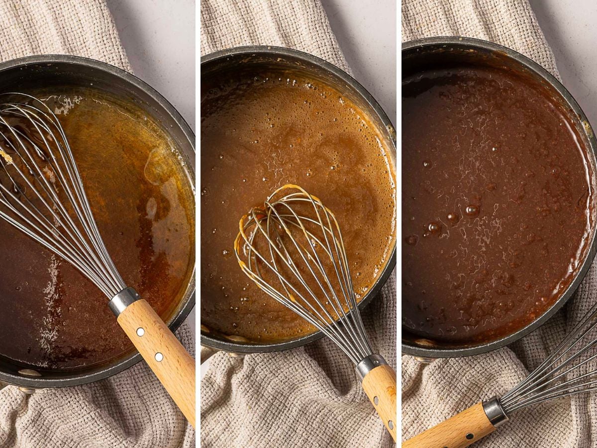 Three side-by-side images show a saucepan with a whisk as a brown sauce thickens, progressing from a thin to a thicker consistency. A beige cloth is partially visible underneath the pan.