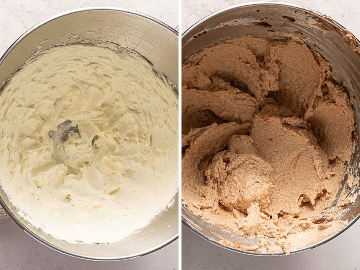 Side-by-side images show a metal mixing bowl with white whipped cream cheese on the left and brown whipped mixture on the right.