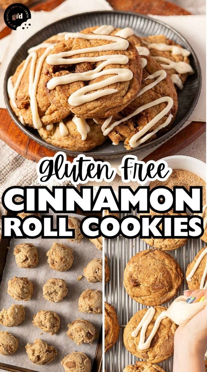 A plate of gluten-free Cinnamon Roll Cookies with icing, cookies being piped with icing, and cookies on a baking tray. Text reads “gluten free cinnamon roll cookies.”.