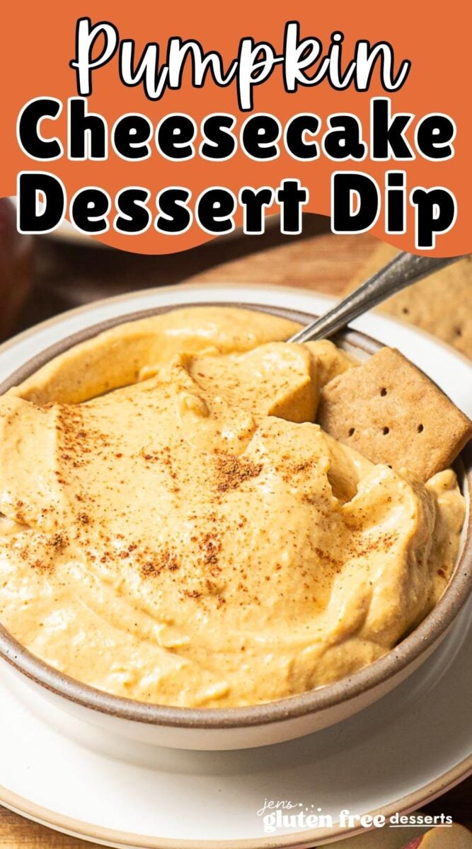 Bowl of creamy Pumpkin Pie Dip topped with spice, made with rich cream cheese, served with crackers on the side—a delightful pumpkin dessert perfect for sharing.
