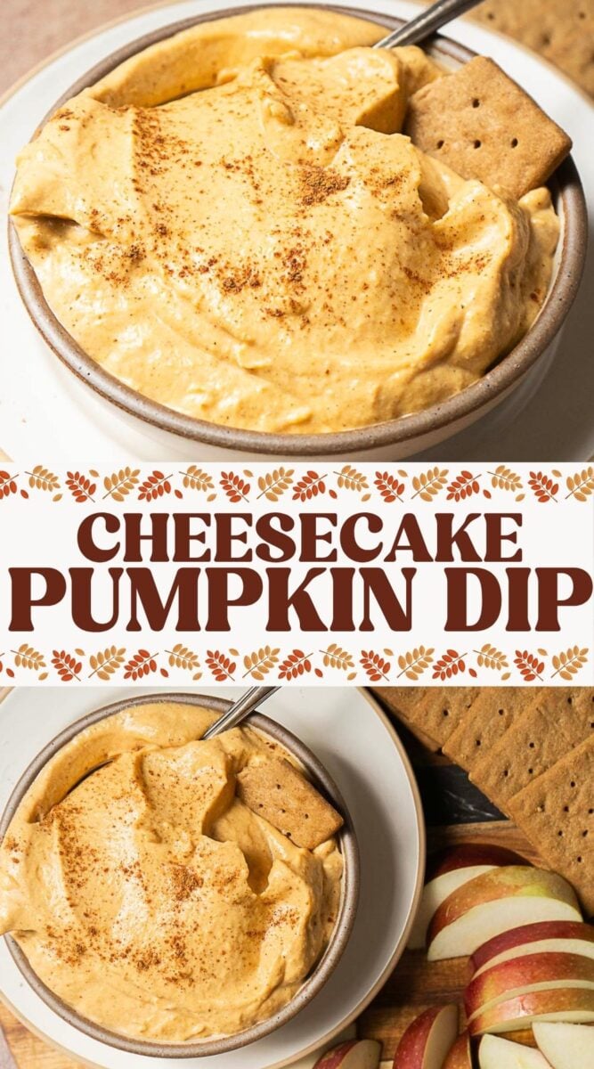 Bowl of creamy pumpkin cheesecake dip made with rich cream cheese, topped with cinnamon, served with graham crackers and apple slices on the side—a delightful pumpkin dessert perfect for any occasion.