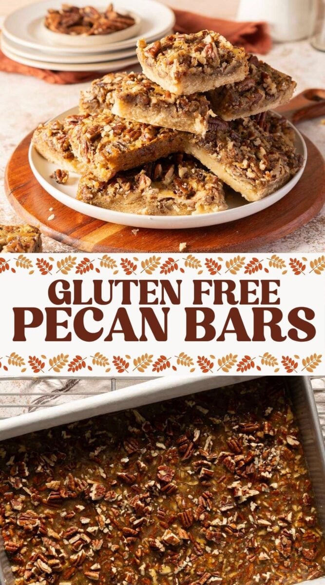 Stack of gluten-free pecan pie bars on a plate above a text label and a baking pan filled with freshly baked pecan bars.