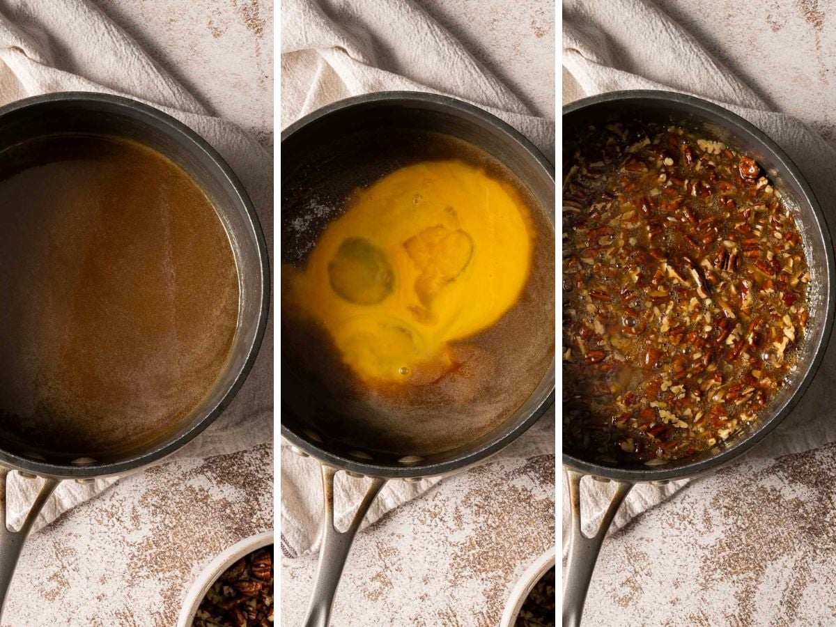 Three-panel image showing a sauce being prepared in a pan: first, melted butter and sugar; second, beaten eggs added; third, chopped pecans stirred in.