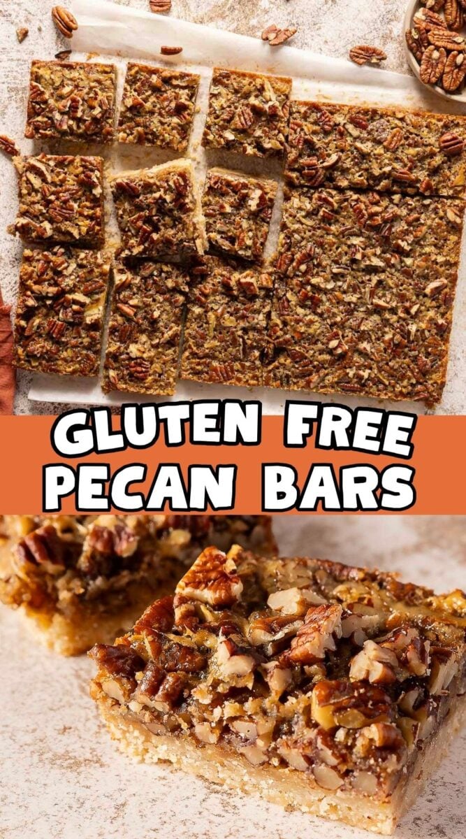 Top view of sliced gluten-free pecan pie bars and a close-up of a single bar on a textured surface.