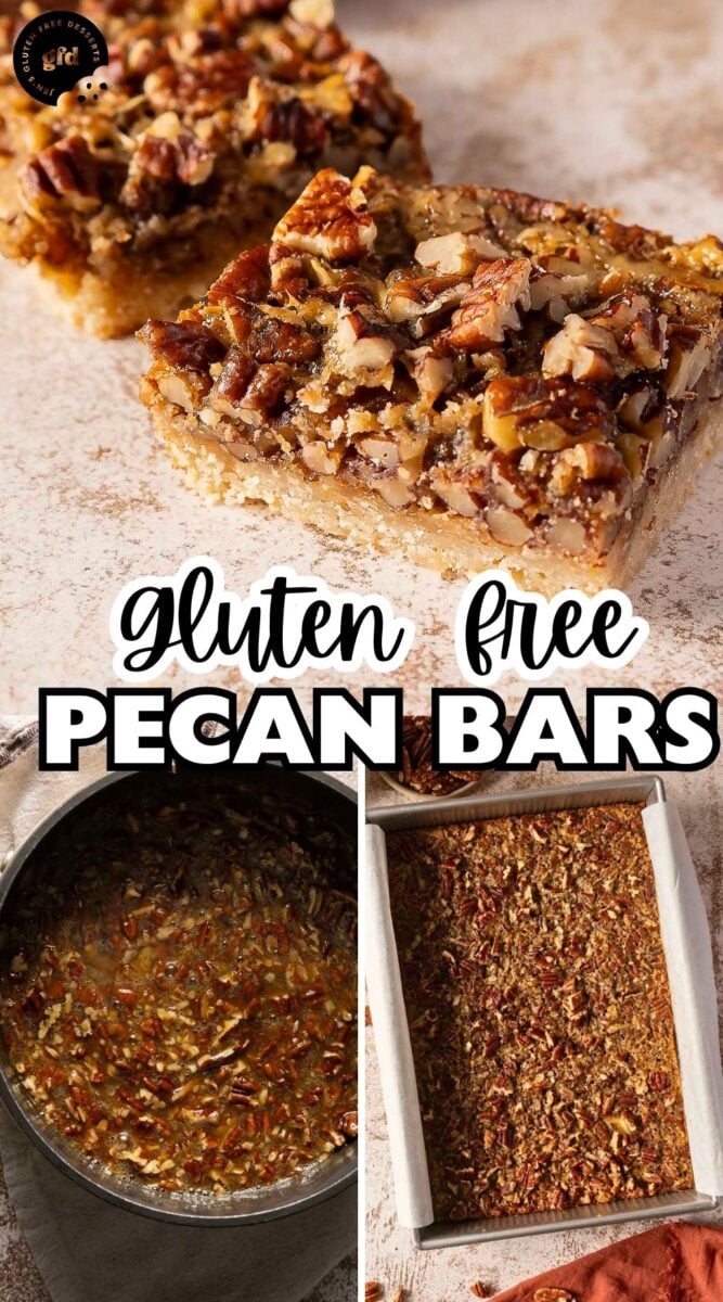 A collage showing gluten-free pecan pie bars, with a close-up of a finished bar, a bowl of pecan filling, and a baking pan filled with the pecan mixture.