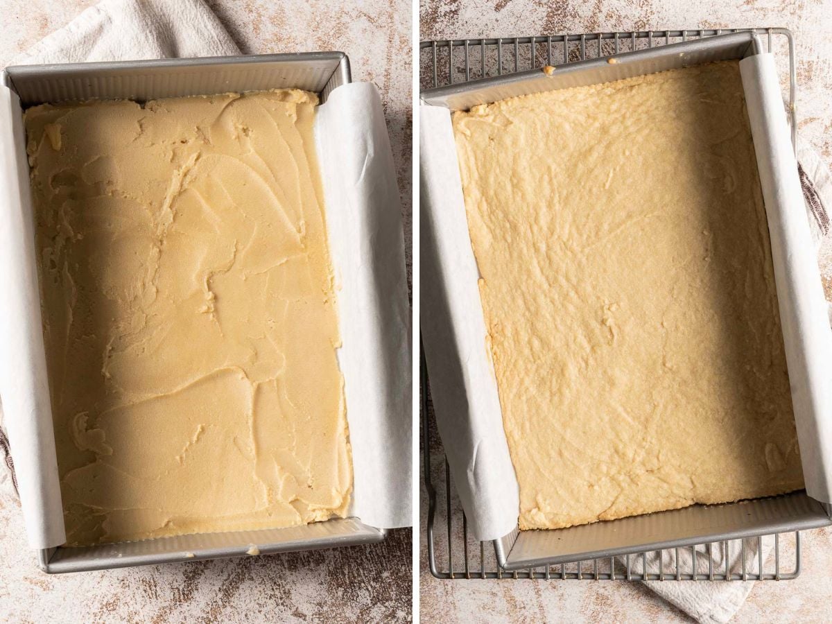 Two side-by-side images showing raw cookie dough spread in a parchment-lined baking pan, and the same dough after being baked.