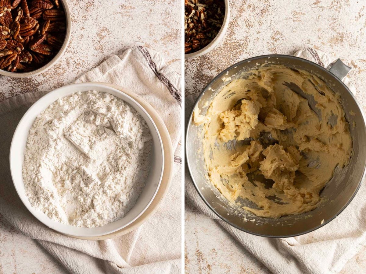 Two photos: a bowl of flour next to a bowl of pecans, and a stand mixer bowl containing creamed butter and sugar.