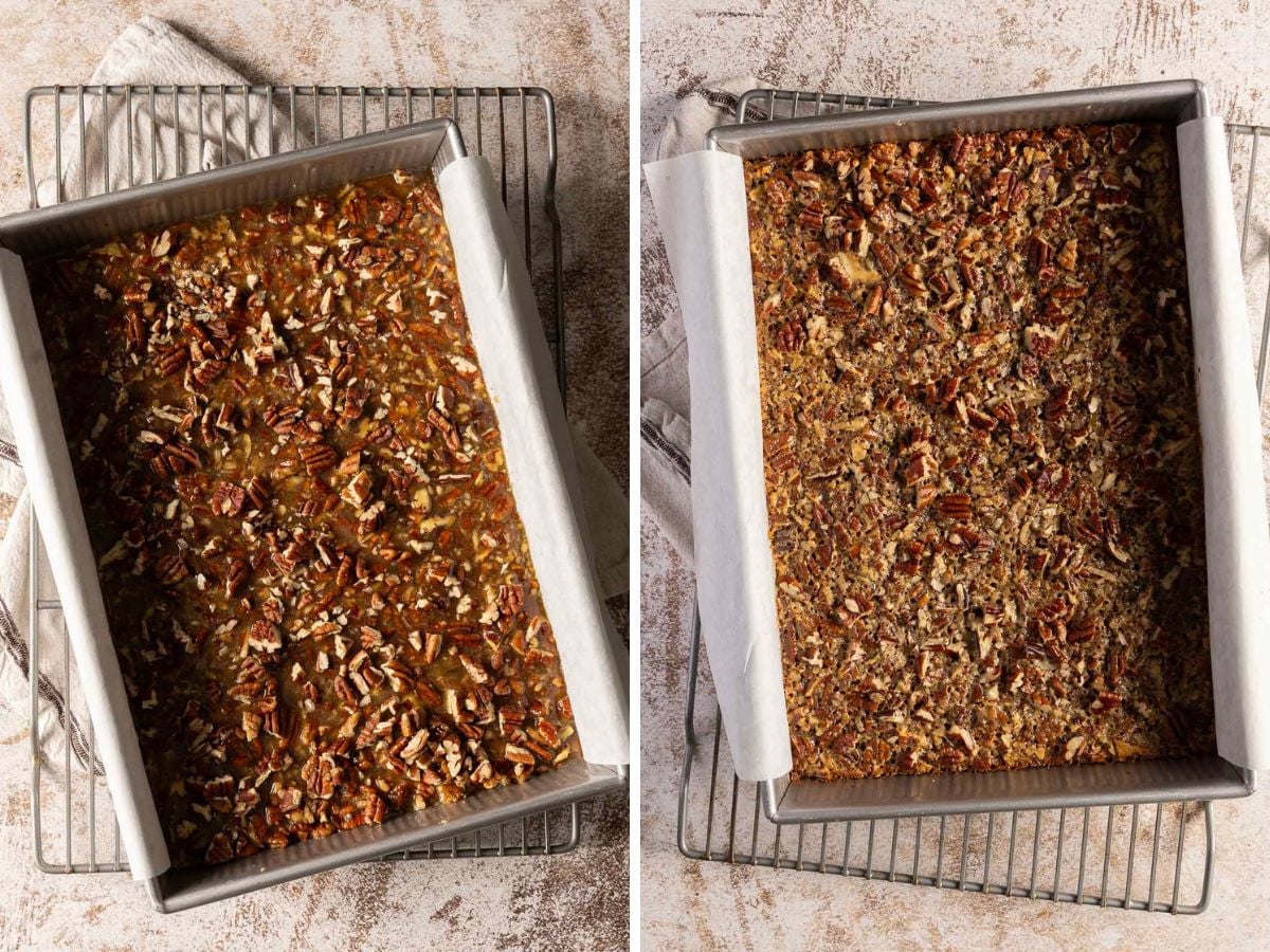 Two side-by-side views of a rectangular baking pan lined with parchment paper, showing a pecan mixture before and after being baked.